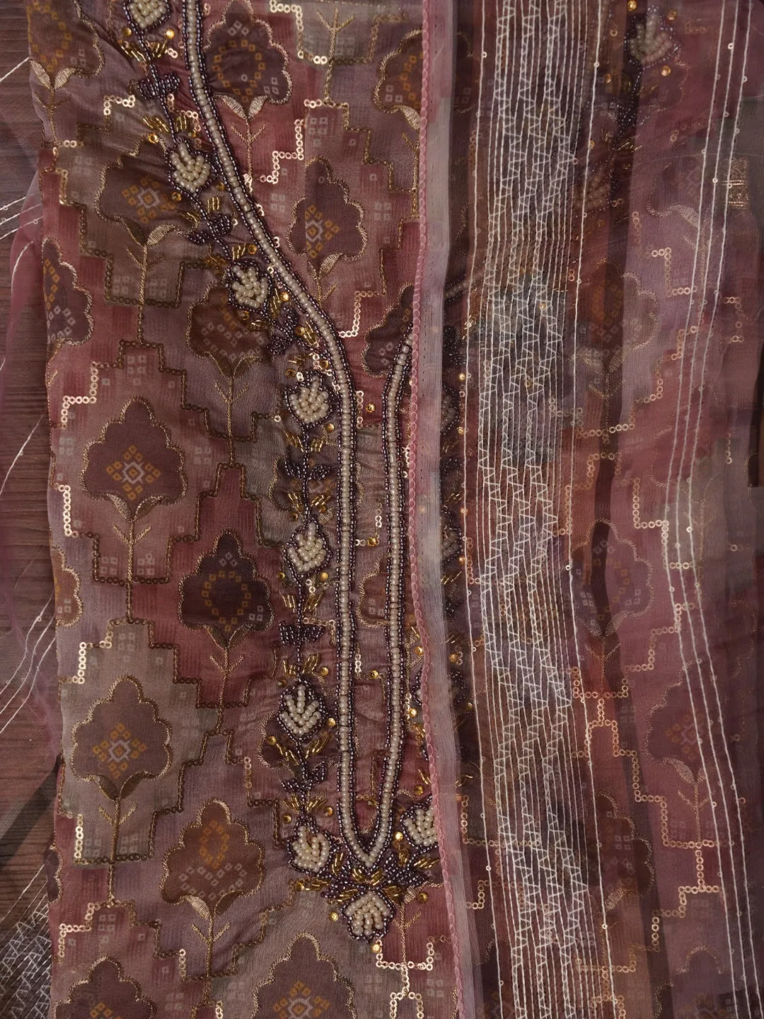 Purple Ethnic Sequin Embroidered Organza Dress Material with Dupatta