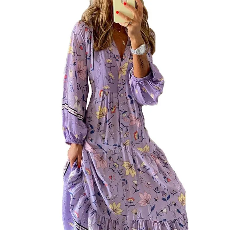 Purple Long Sleeves Women Fall Maxi Dresses