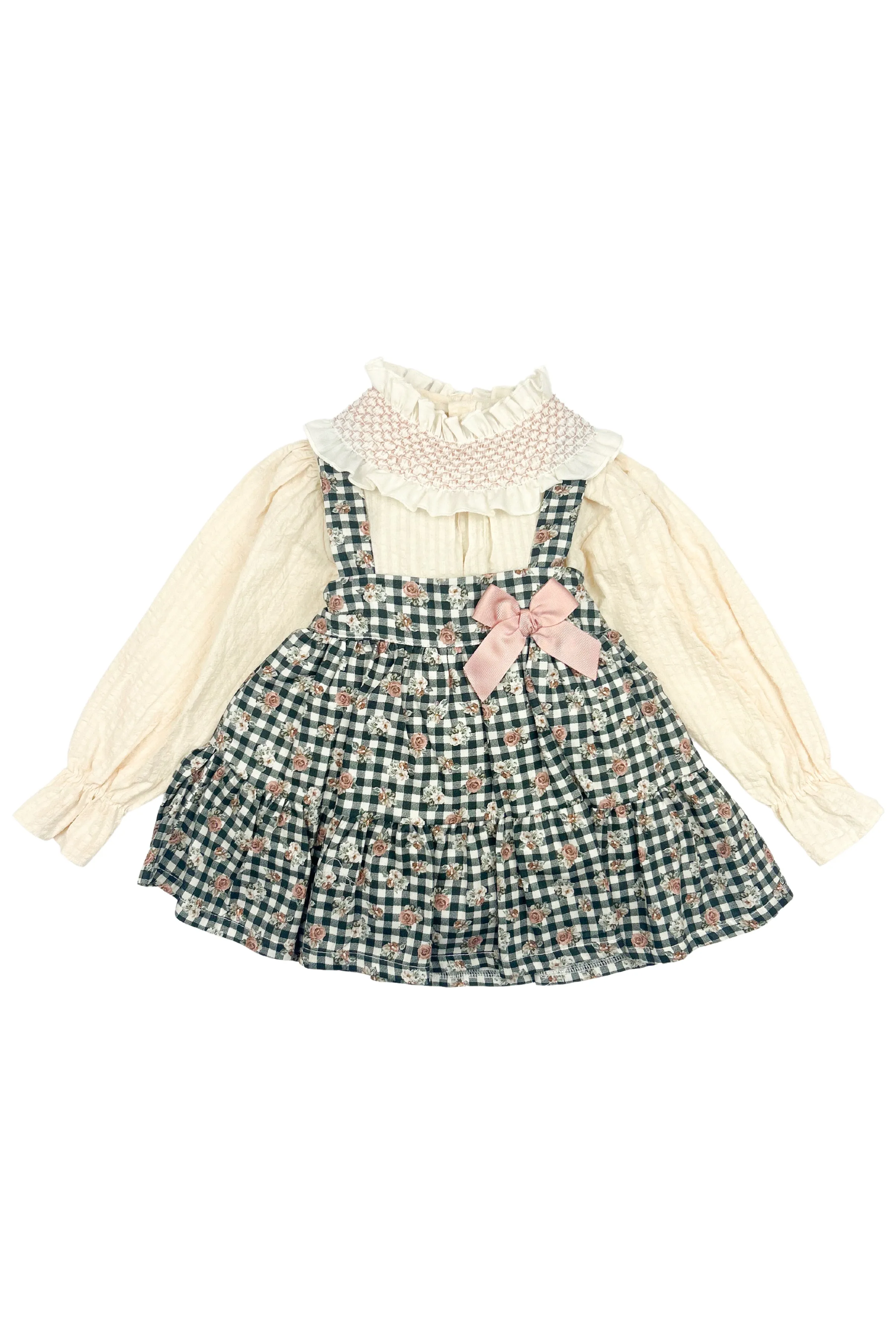 "Laila" Smocked Blouse & Black Gingham Pinafore Dress