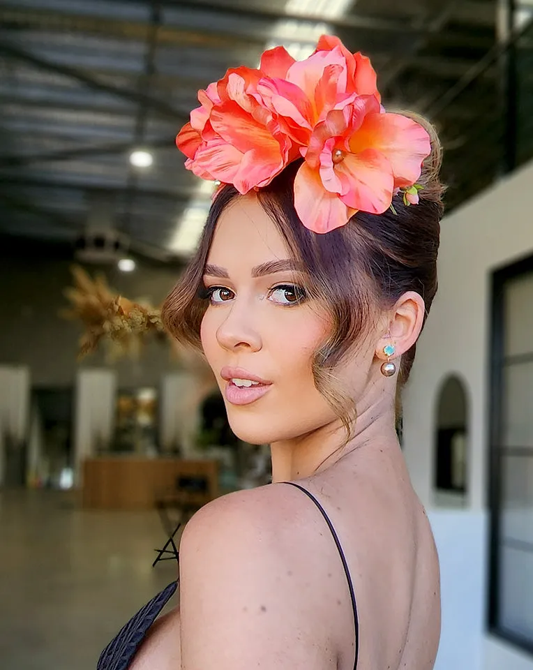 Race day Fascinator - orange gladiola and bronze pearl headband - Kaycee at Kezani