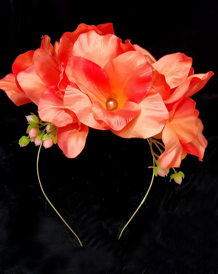 Race day Fascinator - orange gladiola and bronze pearl headband - Kaycee at Kezani