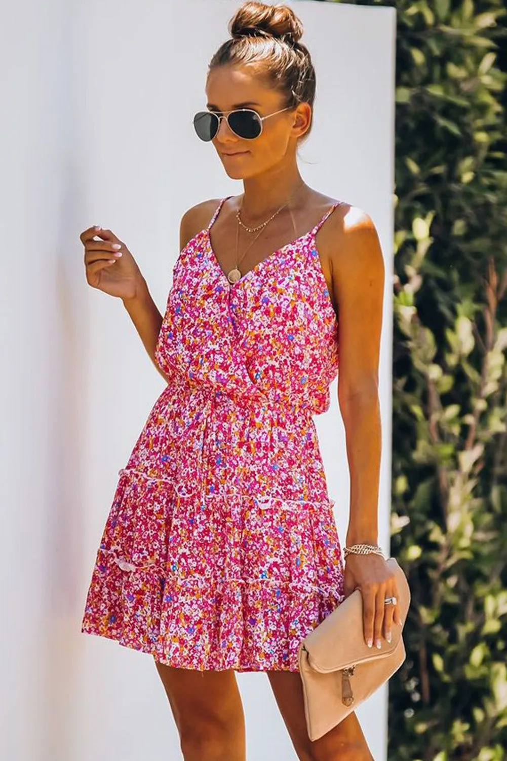 Red Floral Spaghetti Straps Ruffle Tiered Mini Dress