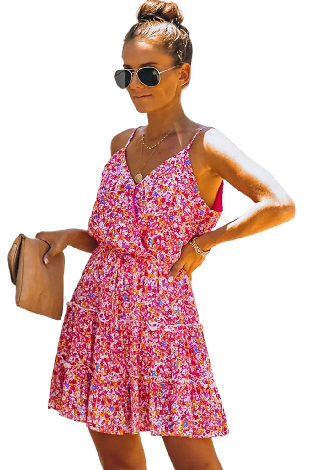 Red Floral Spaghetti Straps Ruffle Tiered Mini Dress