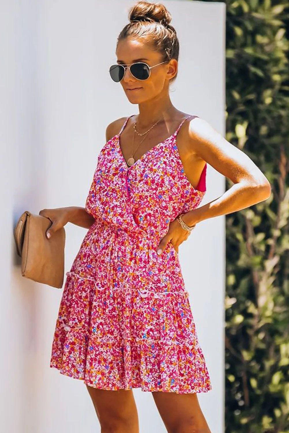 Red Floral Spaghetti Straps Ruffle Tiered Mini Dress