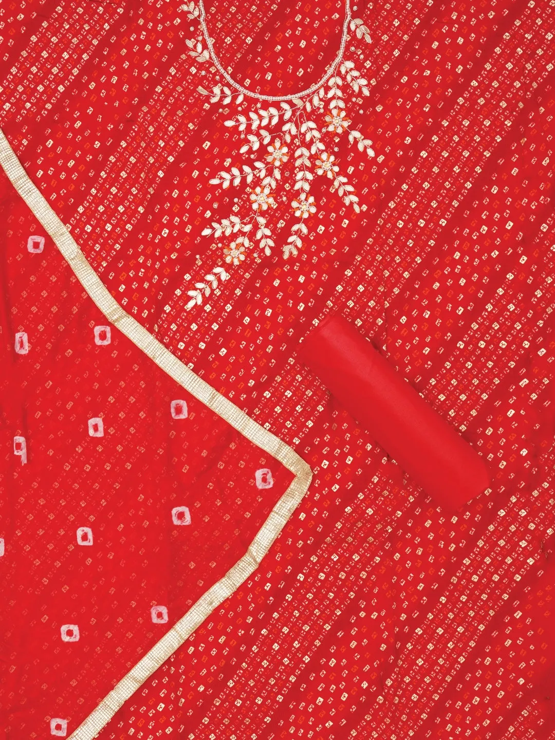 Red Unstitched Cotton Bandhani Printed Dress Material With Dupatta