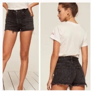 Reformation Dixie High-Rise Jean Shorts Black Raw Hem Denim Size 27