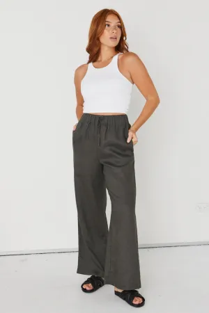 Resort Dark Olive Linen Wide Leg Elastic Waist Pant
