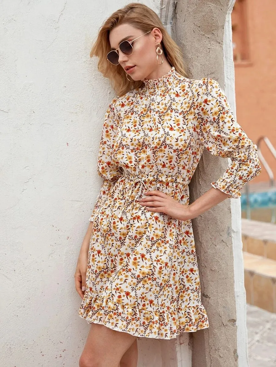 Retro Floral Bubble Sleeves Elastic Waist Mini Dresses