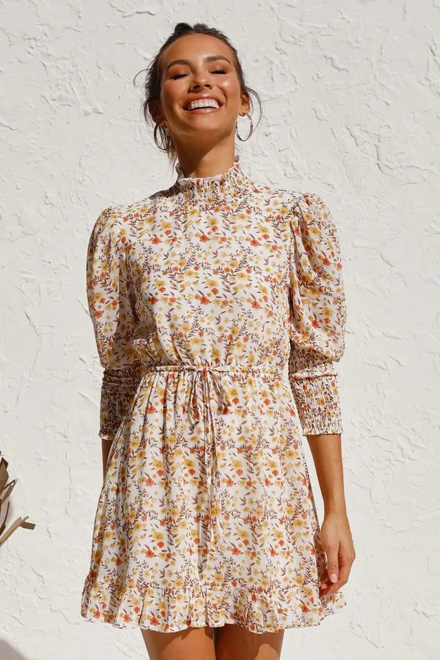 Retro Floral Bubble Sleeves Elastic Waist Mini Dresses