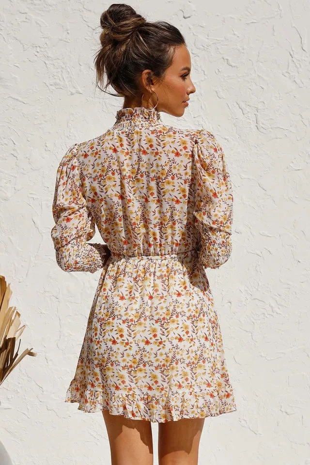 Retro Floral Bubble Sleeves Elastic Waist Mini Dresses