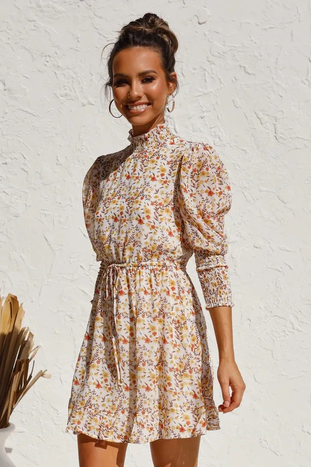 Retro Floral Bubble Sleeves Elastic Waist Mini Dresses