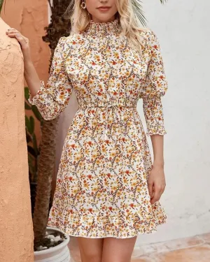Retro Floral Bubble Sleeves Elastic Waist Mini Dresses