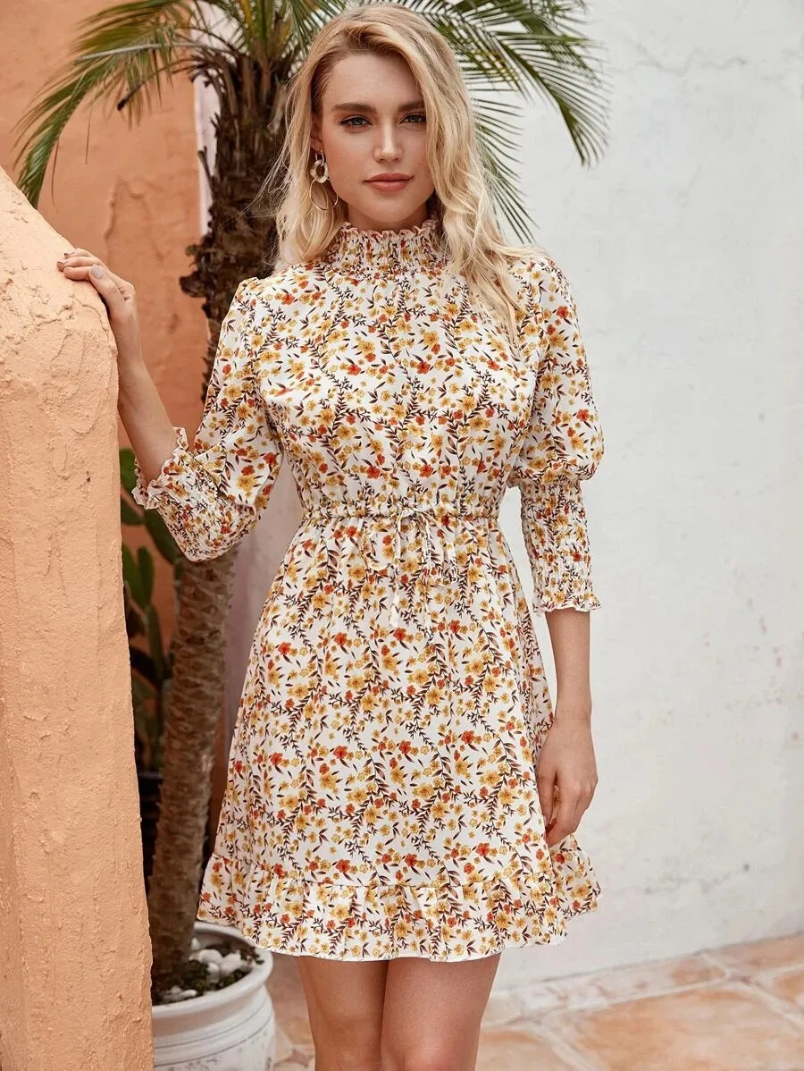 Retro Floral Bubble Sleeves Elastic Waist Mini Dresses