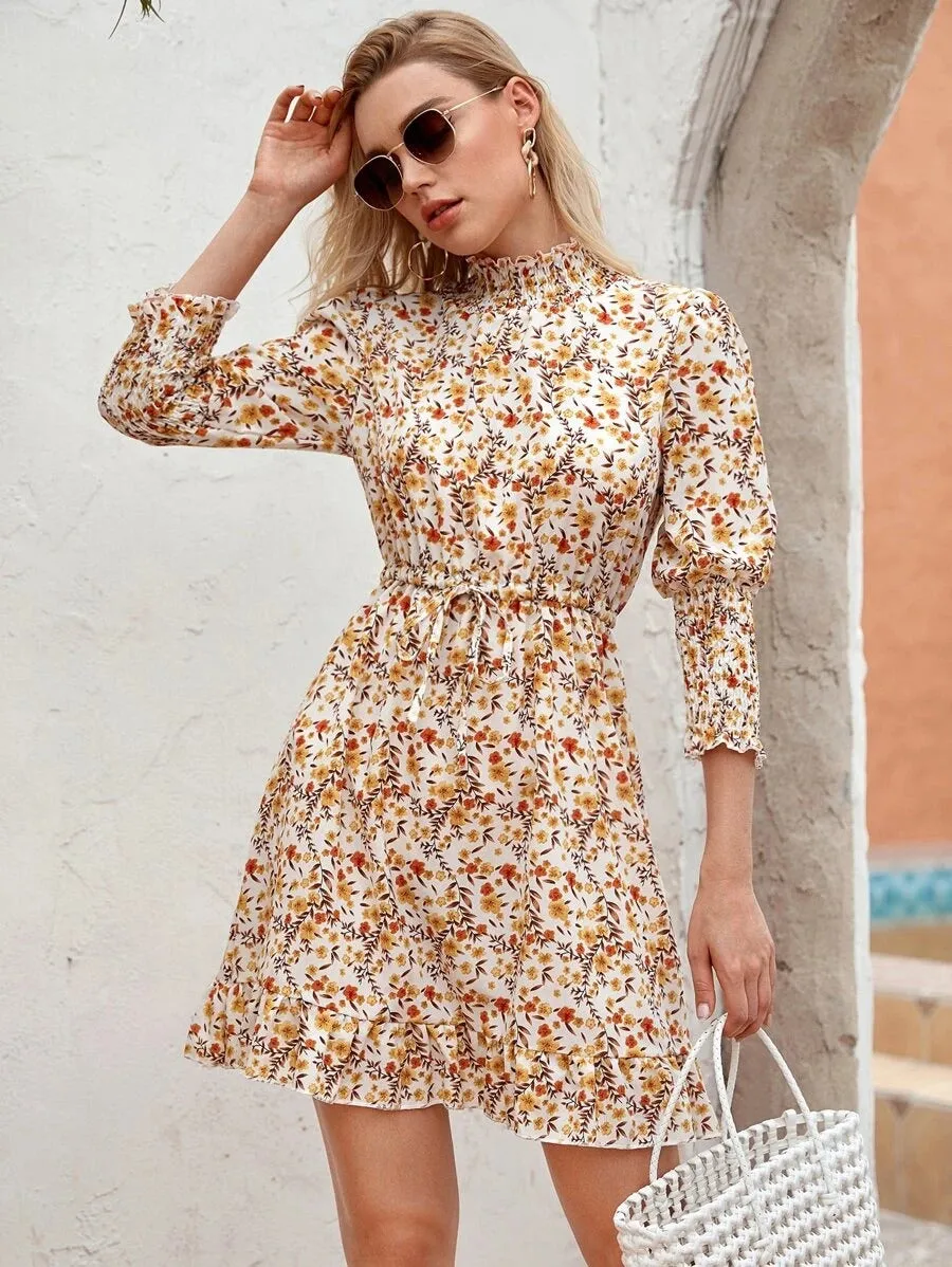 Retro Floral Bubble Sleeves Elastic Waist Mini Dresses