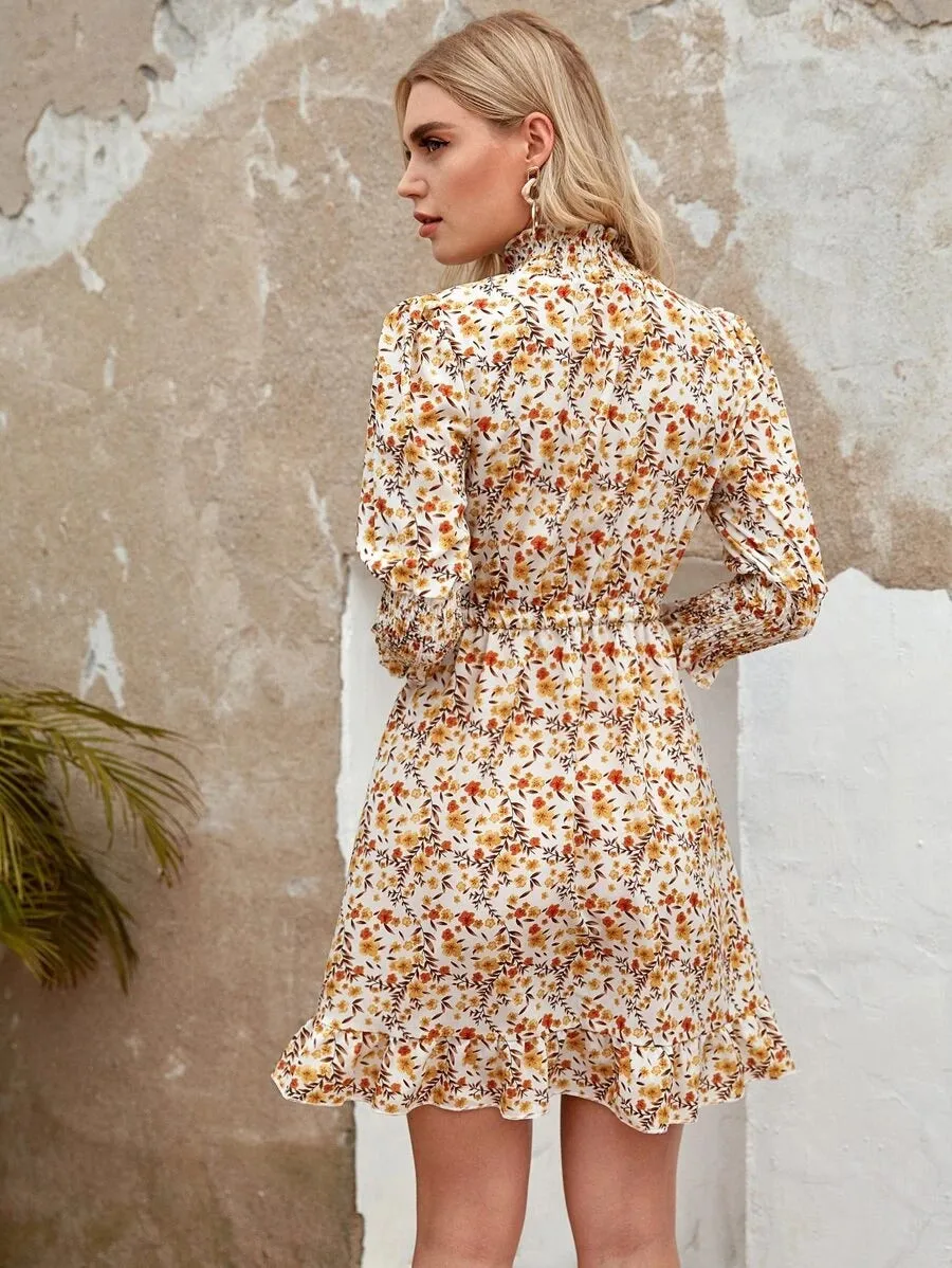 Retro Floral Bubble Sleeves Elastic Waist Mini Dresses