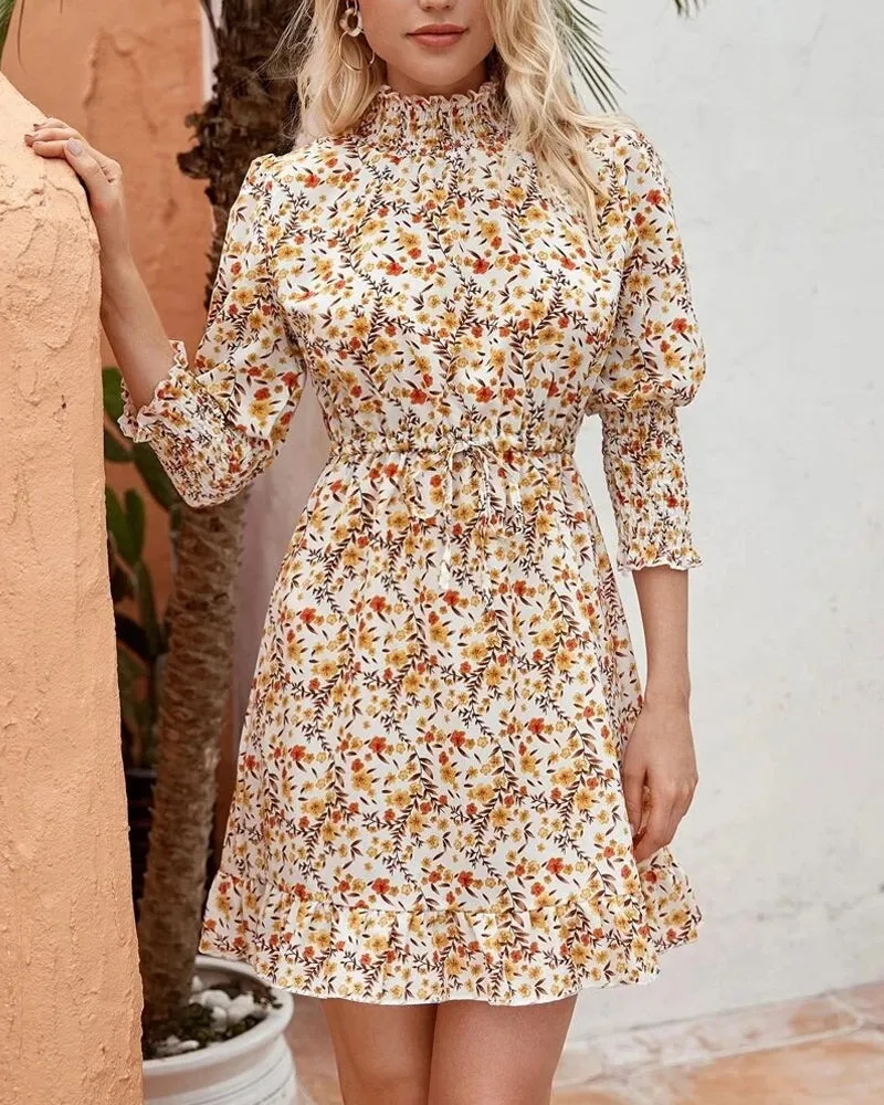 Retro Floral Bubble Sleeves Elastic Waist Mini Dresses