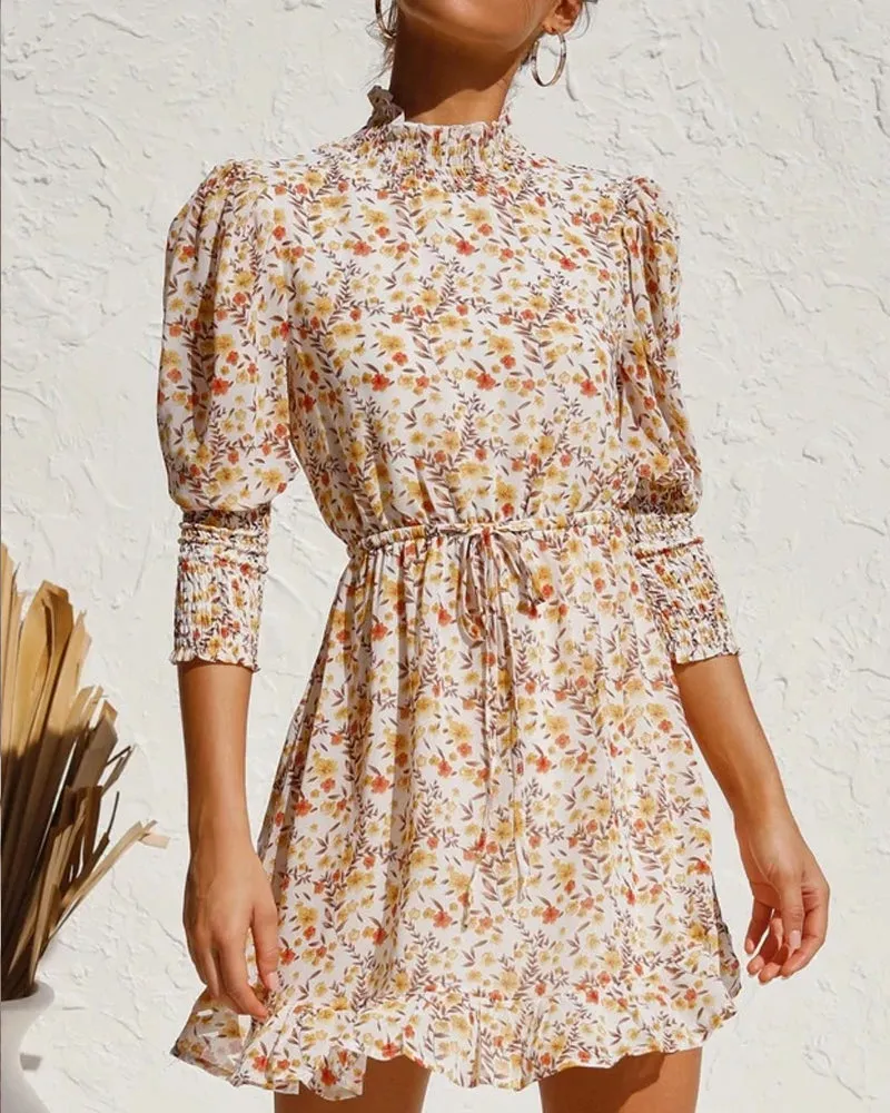 Retro Floral Bubble Sleeves Elastic Waist Mini Dresses