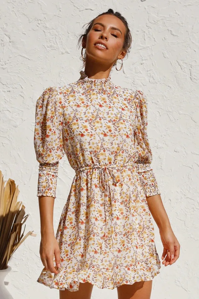 Retro Floral Bubble Sleeves Elastic Waist Mini Dresses