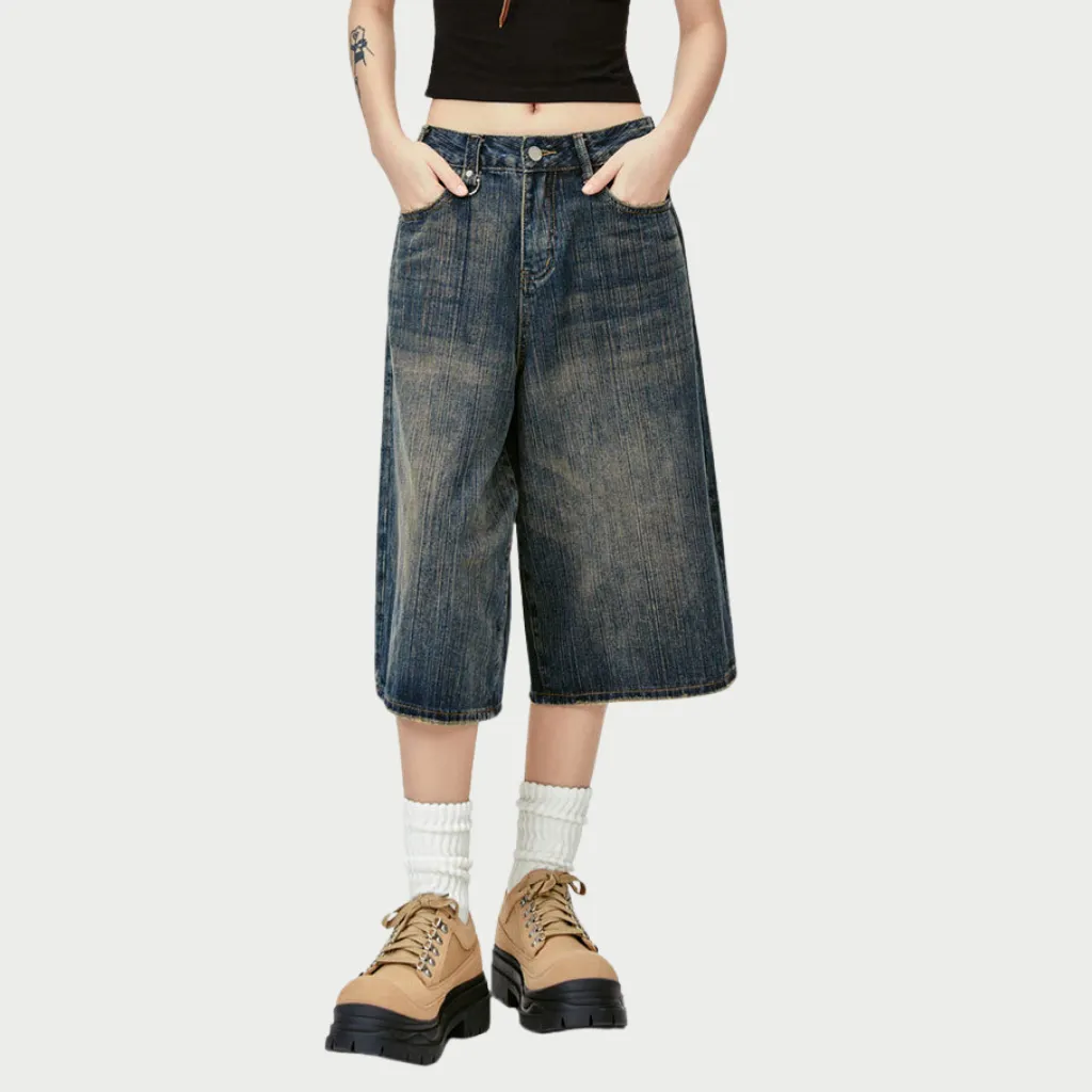 Retro Slub Striped Denim Shorts
