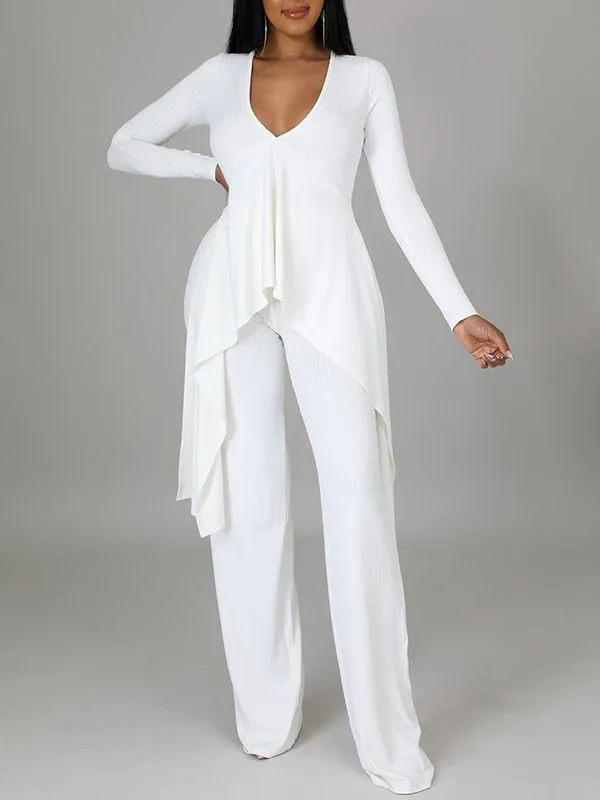 Ribbed Asymmetric Top & Pants Set--Clearance