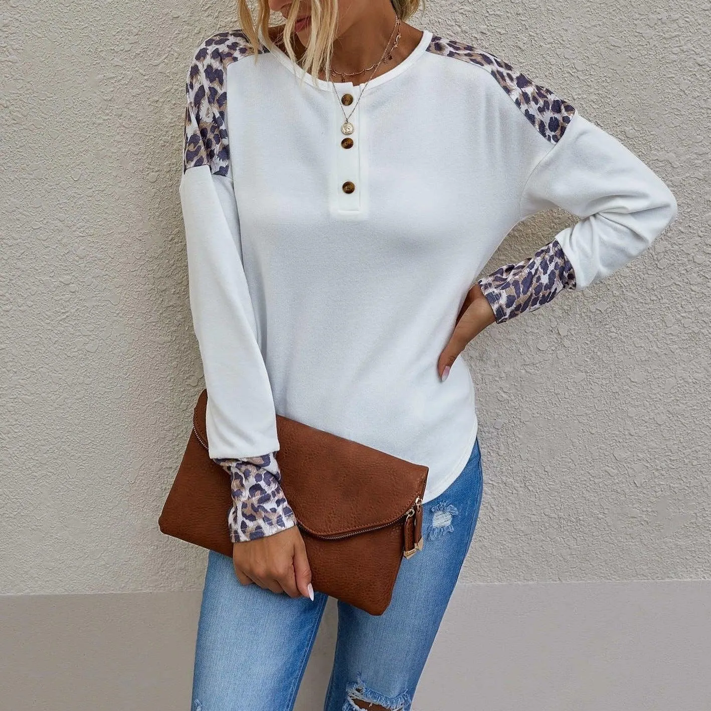 Ribbed Knit Leopard Print Henley