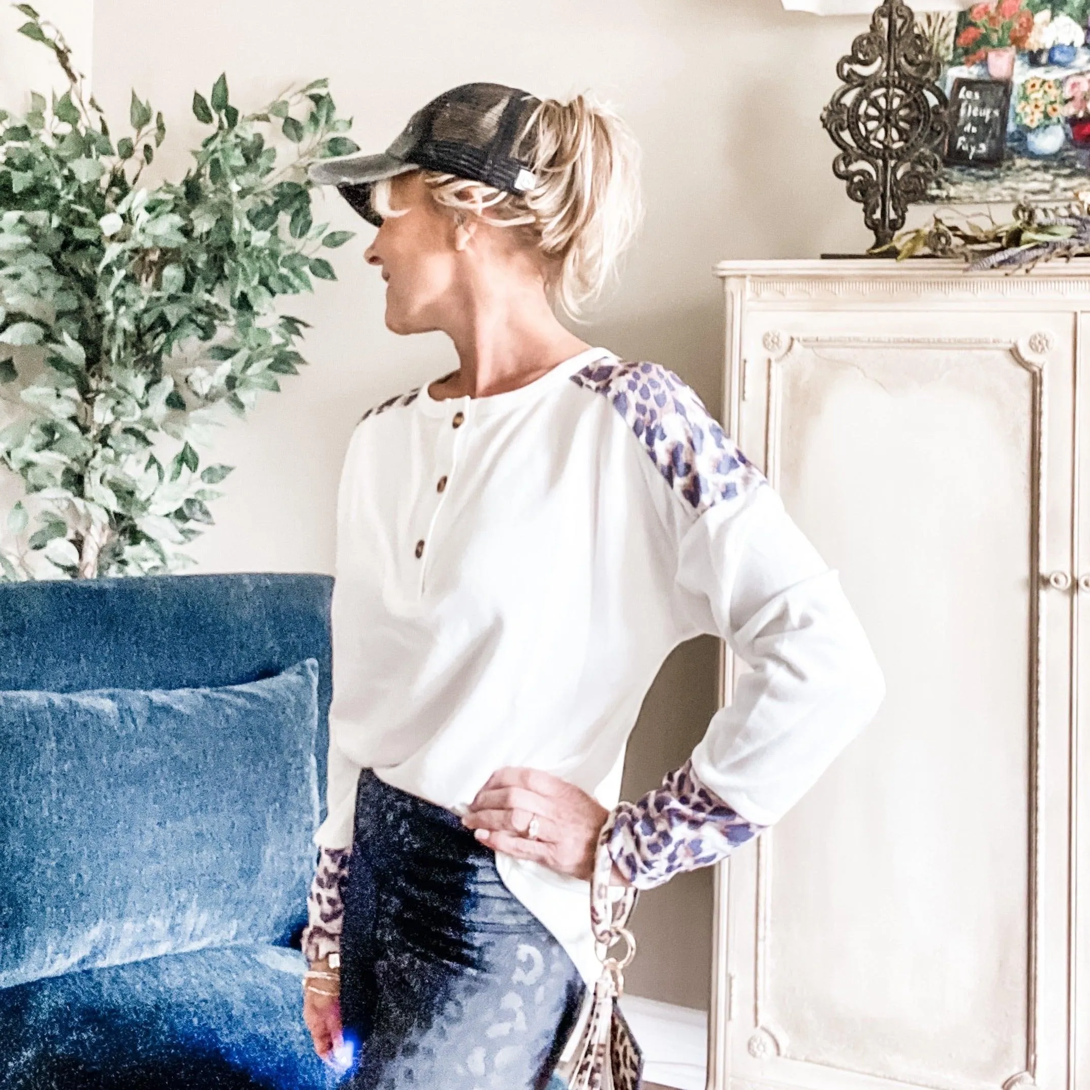 Ribbed Knit Leopard Print Henley