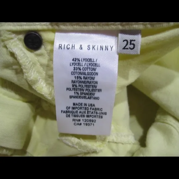 Rich &amp; Skinny Pale Yellow Skinny Jeans Sz 25