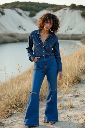 Rich Blue Knee Distressed Bootcut Jeans