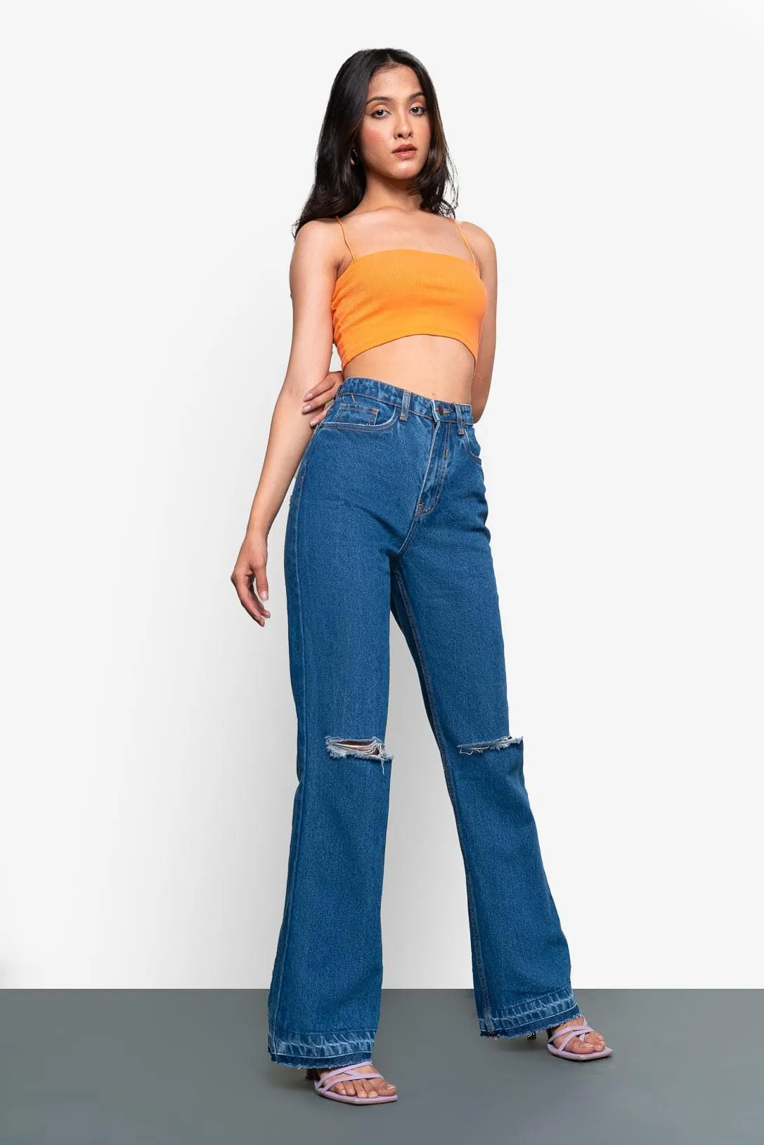 Rich Blue Knee Distressed Bootcut Jeans