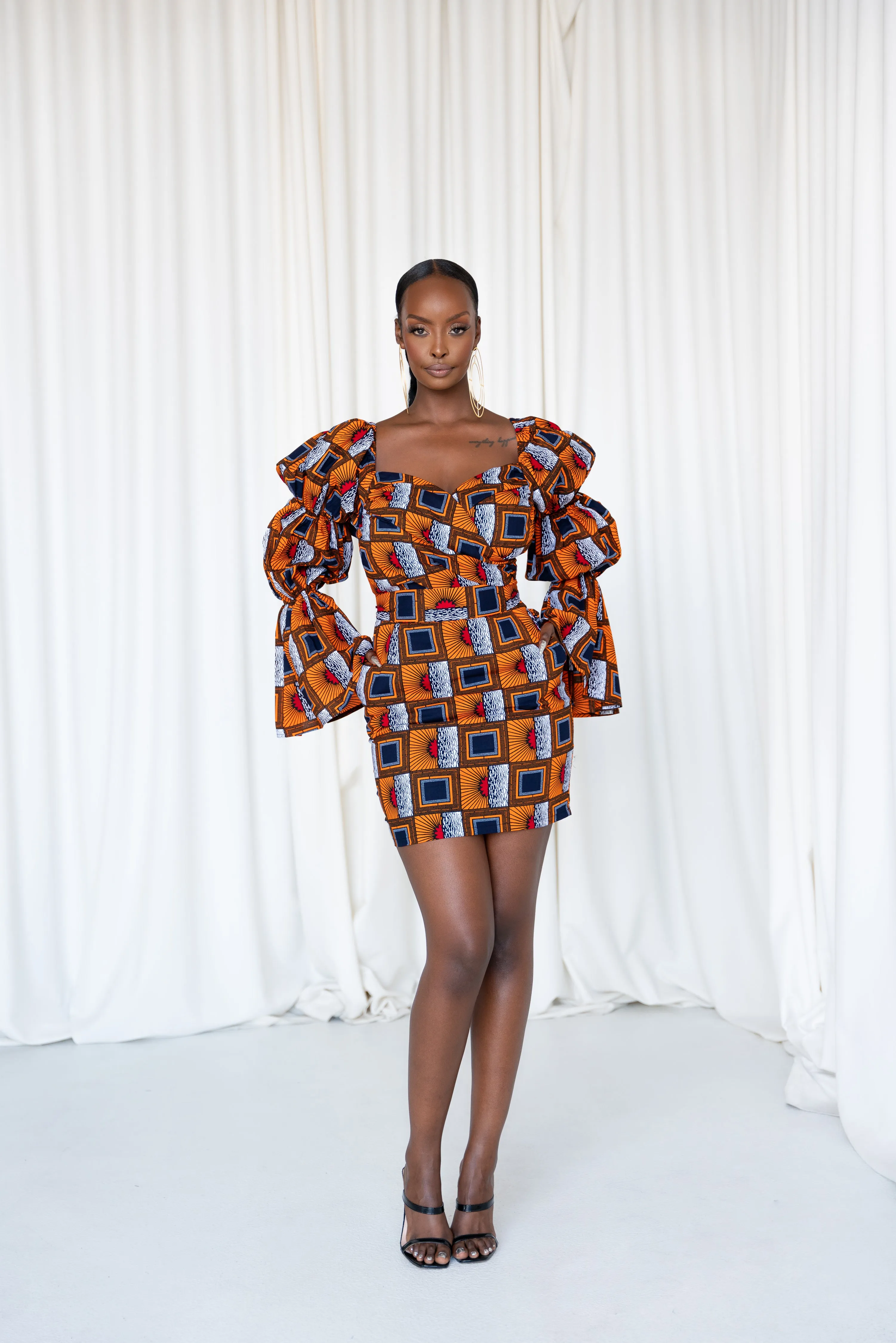 RIRE African Print Off-shoulder Puffy Sleeve Mini Dress