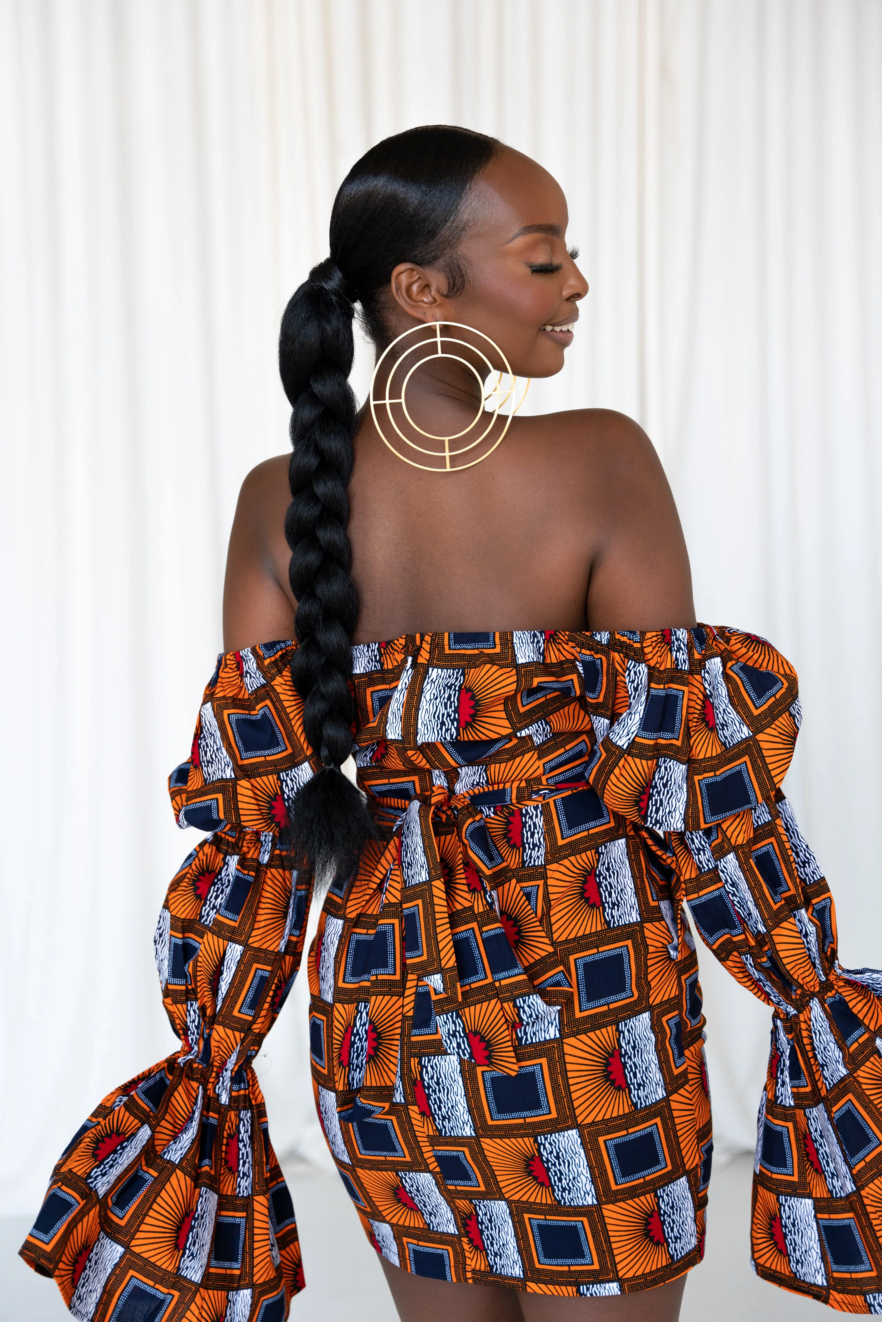 RIRE African Print Off-shoulder Puffy Sleeve Mini Dress