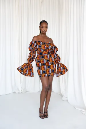 RIRE African Print Off-shoulder Puffy Sleeve Mini Dress