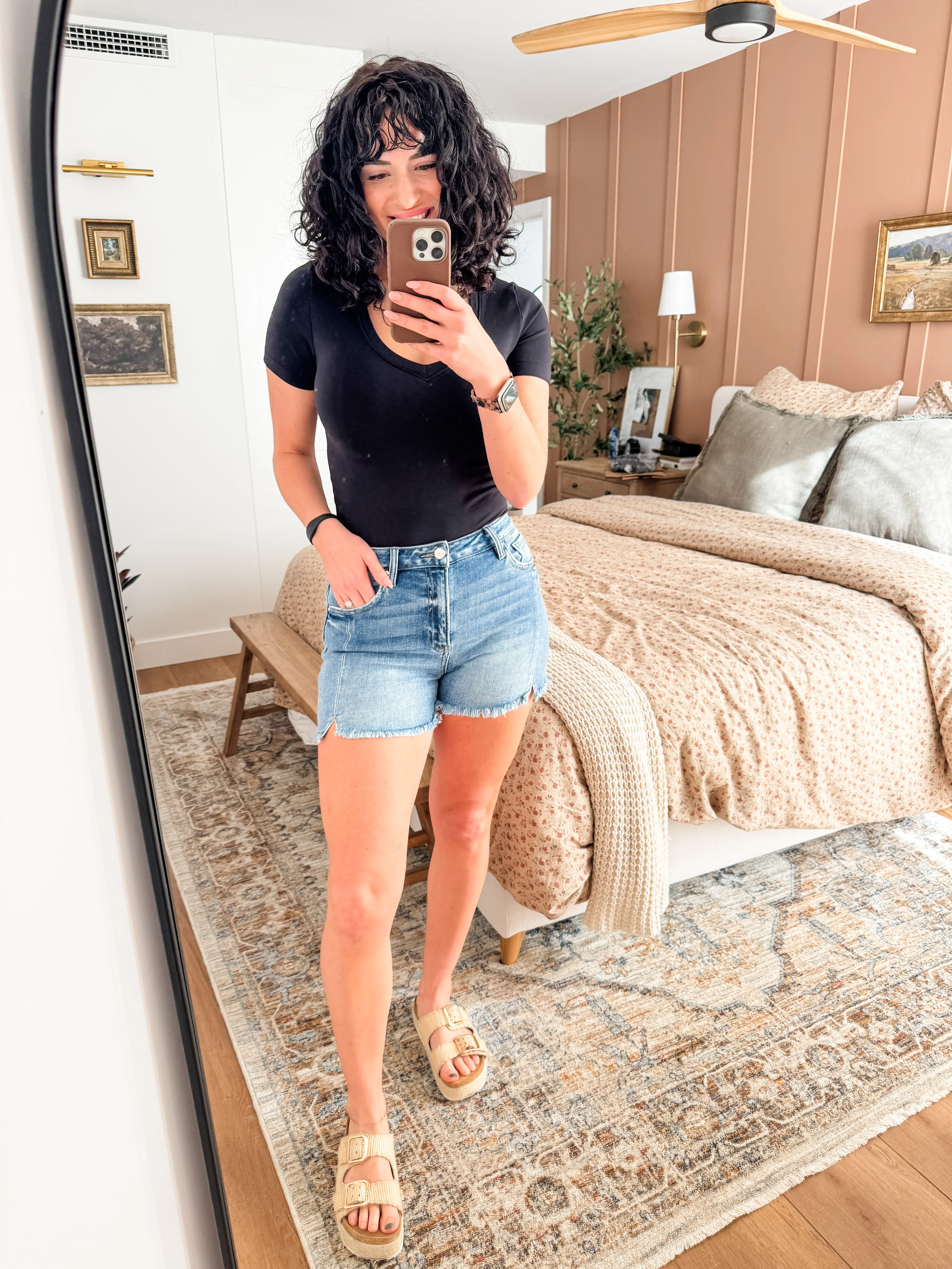 RISEN Front Slit Raw Hem Denim Shorts