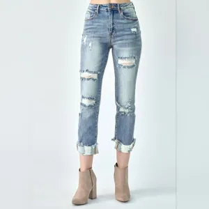 RISEN HIGH WAISTED TURN BACK CUFF/UNCUFFED STRAIGHT JEANS SIZE 29/9