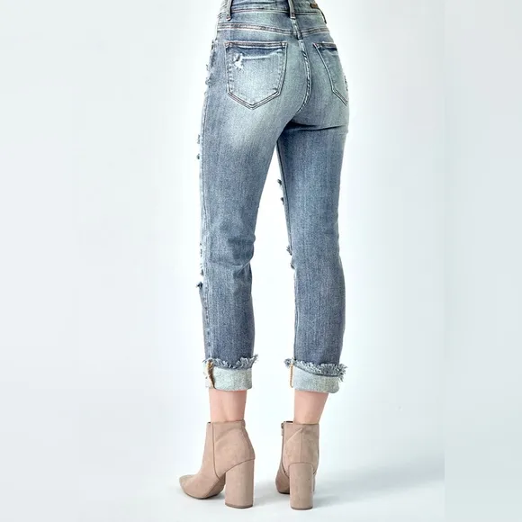 RISEN HIGH WAISTED TURN BACK CUFF/UNCUFFED STRAIGHT JEANS SIZE 29/9