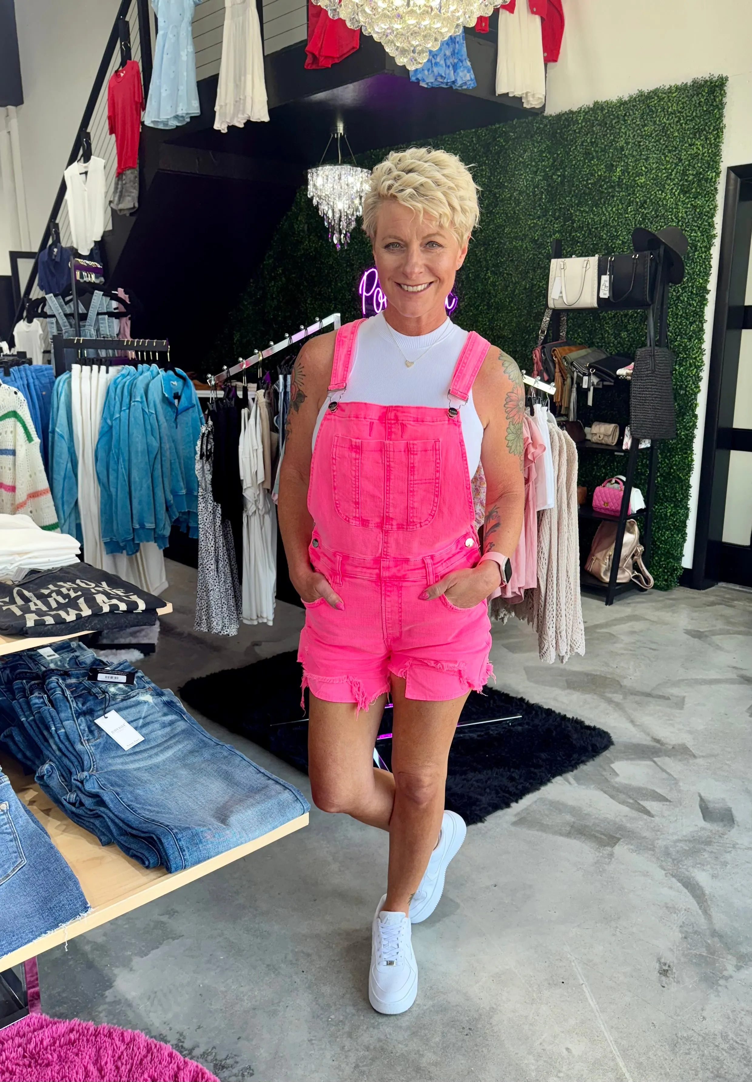 Risen Hot Pink Distressed Shortalls