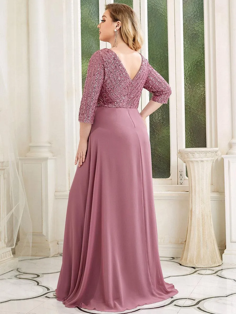 Robe de soirée à paillettes, col V, taille plus, avec manches, décolleté en A