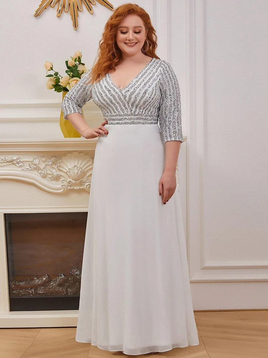 Robe de soirée à paillettes, col V, taille plus, avec manches, décolleté en A