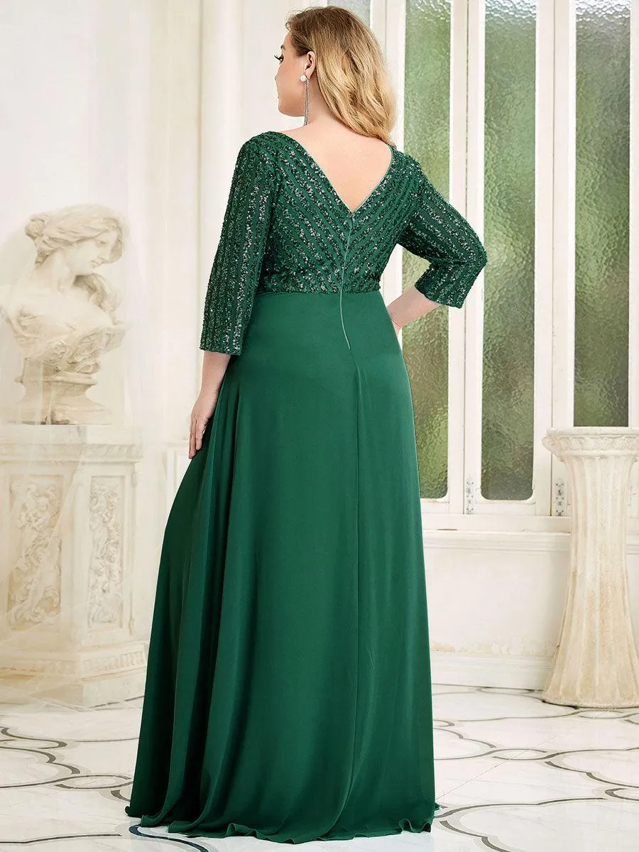 Robe de soirée à paillettes, col V, taille plus, avec manches, décolleté en A