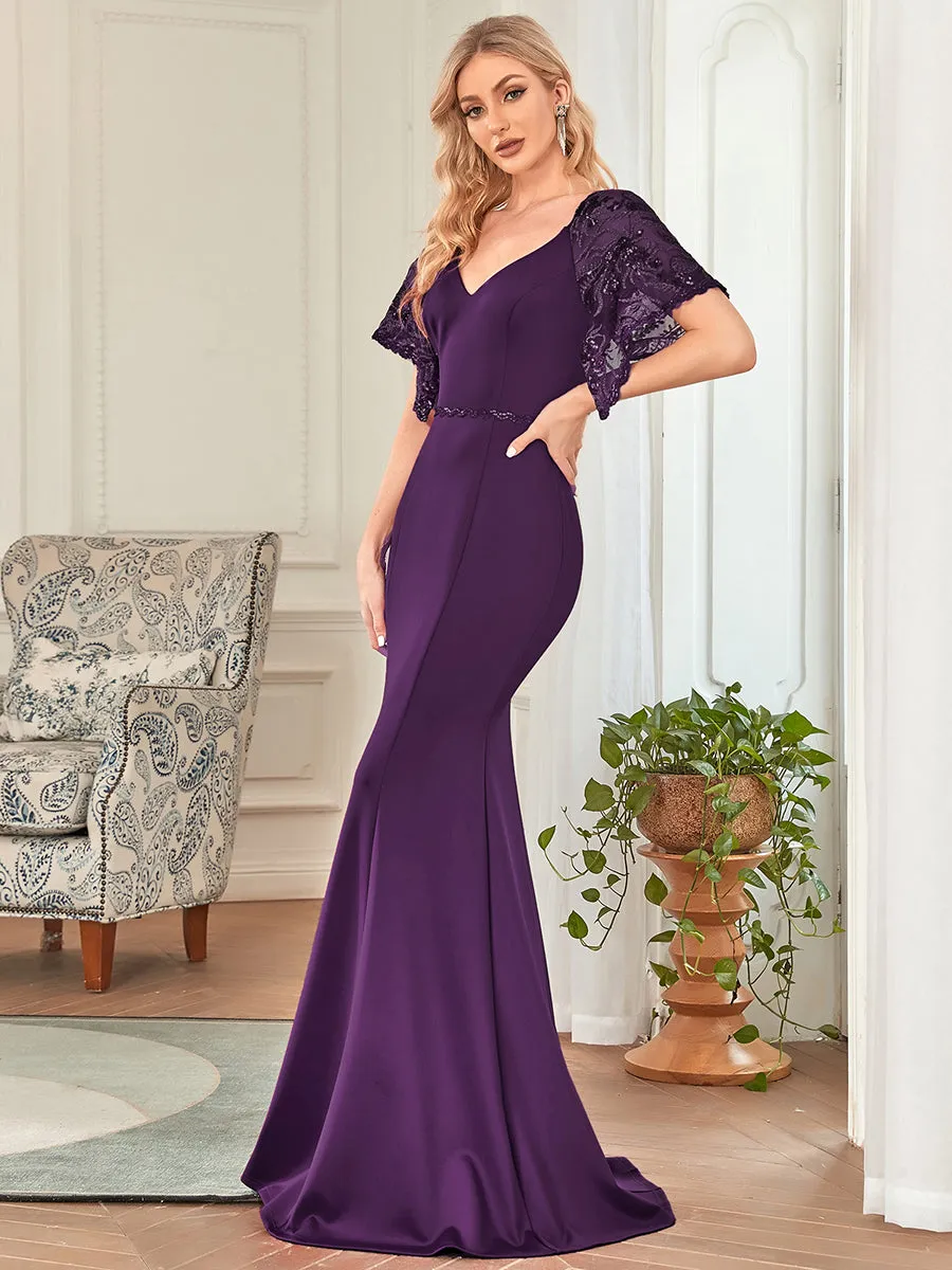 Robe de Soirée Sirène Moulante Sexy à Col en V et Manches évasée