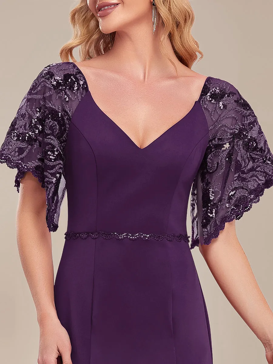 Robe de Soirée Sirène Moulante Sexy à Col en V et Manches évasée
