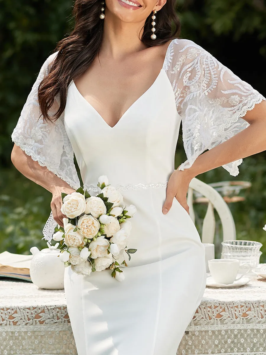 Robe de Soirée Sirène Moulante Sexy à Col en V et Manches évasée