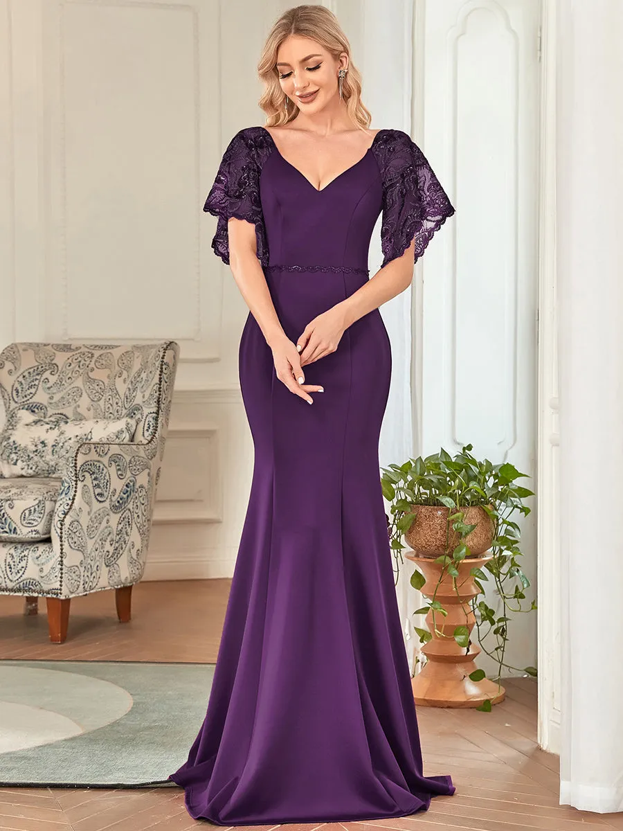 Robe de Soirée Sirène Moulante Sexy à Col en V et Manches évasée