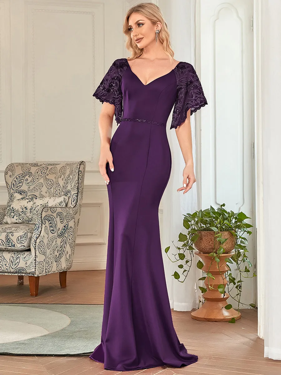 Robe de Soirée Sirène Moulante Sexy à Col en V et Manches évasée