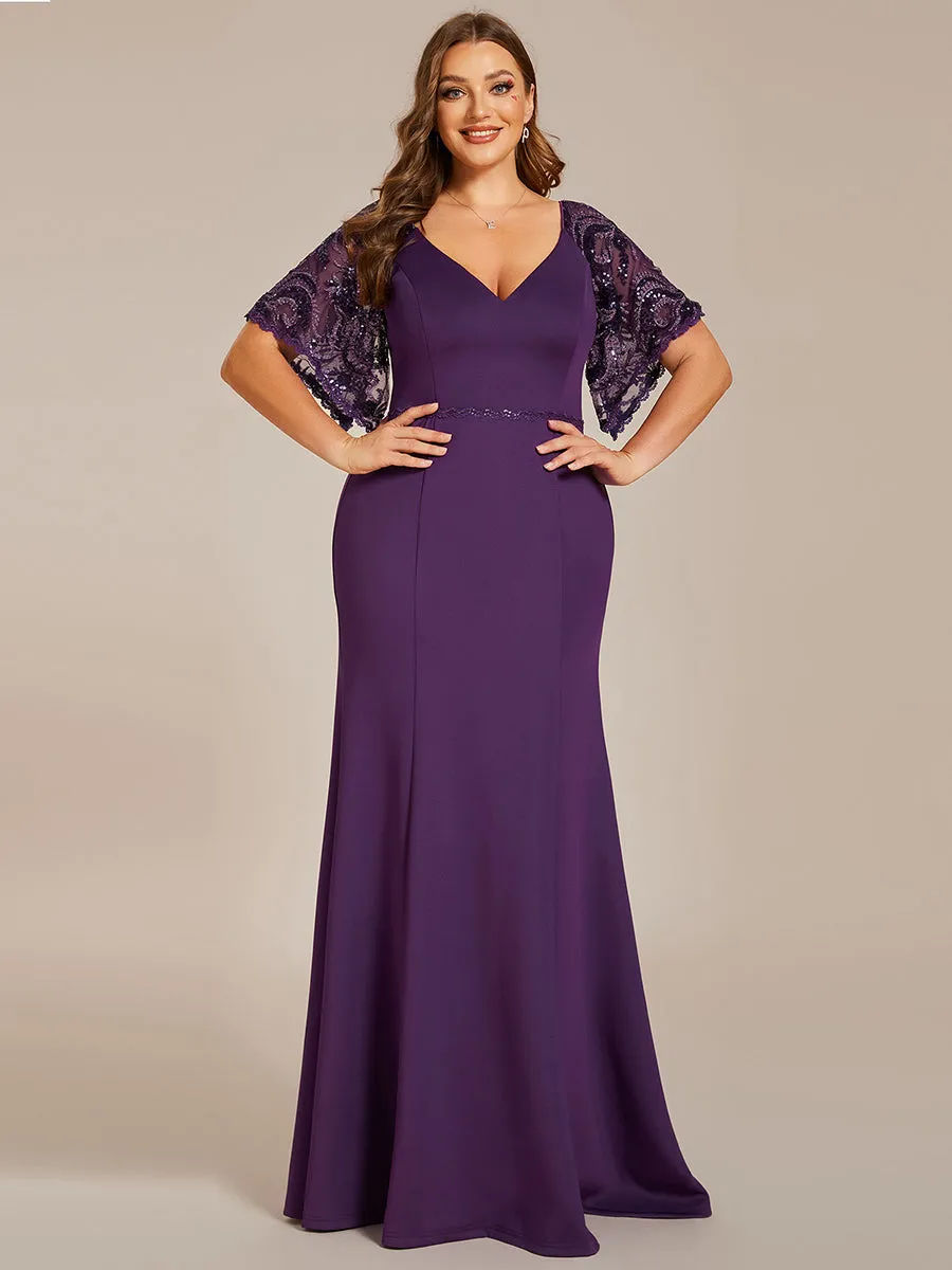 Robe de Soirée Sirène Moulante Sexy à Col en V et Manches évasée