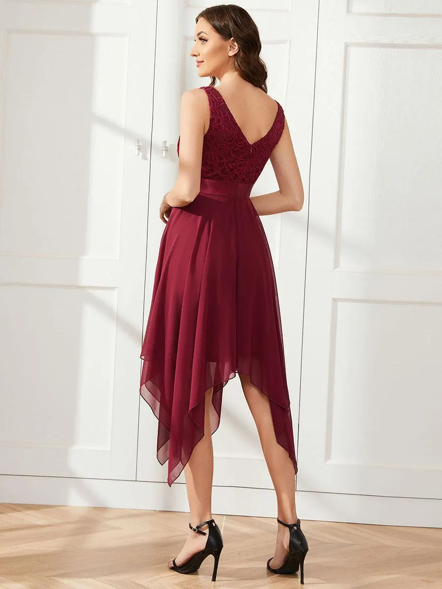 Robe mariage invitée en dentelle à col en V mi-longue fluide