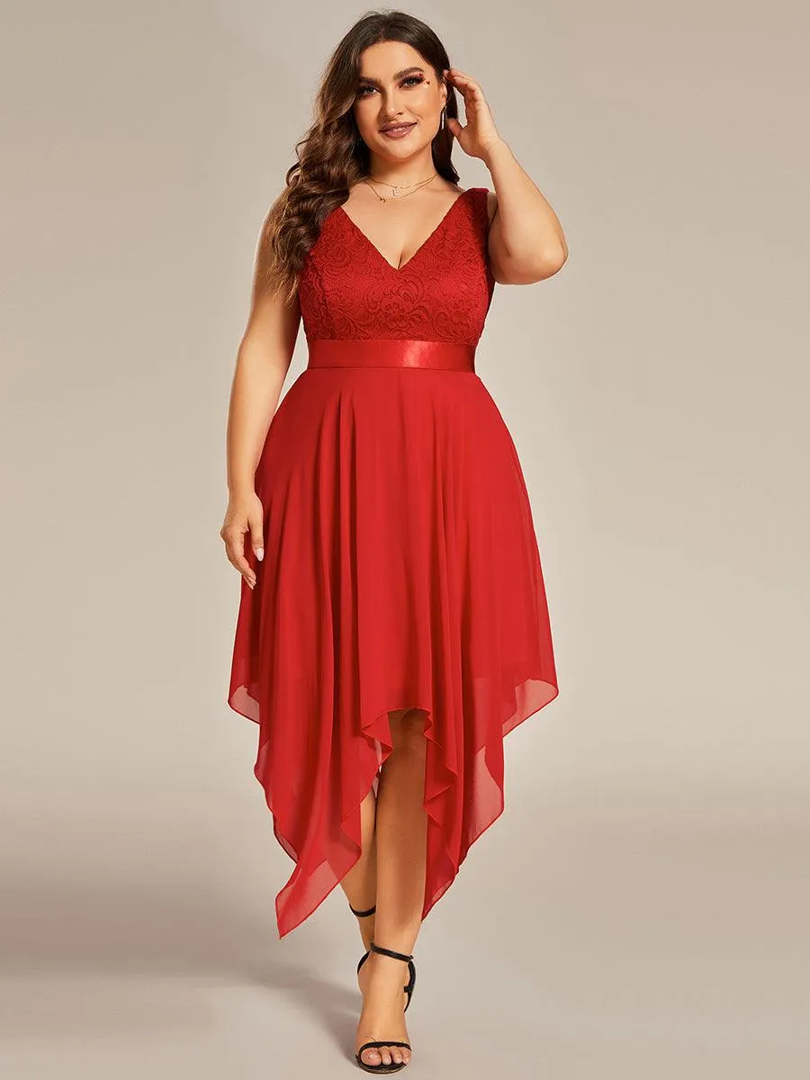 Robe mariage invitée en dentelle à col en V mi-longue fluide