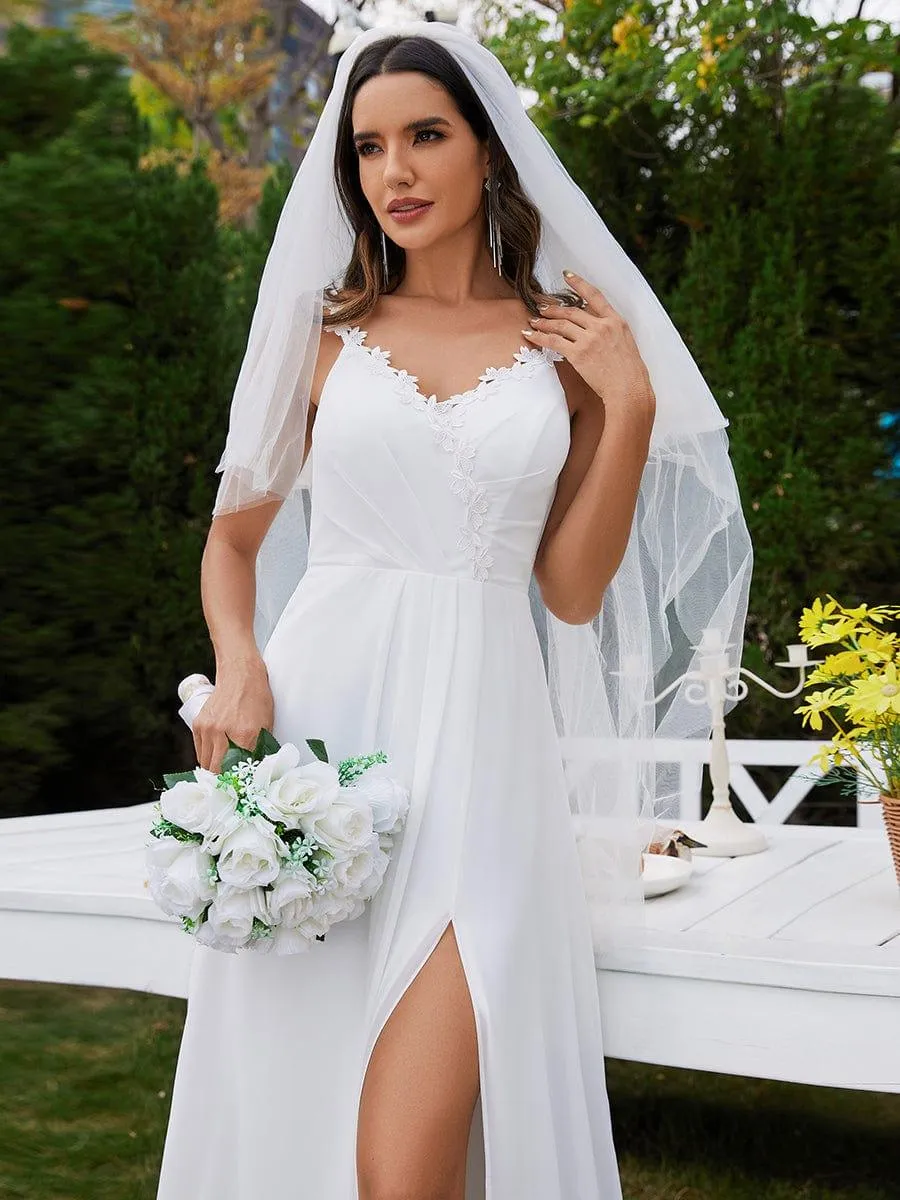 Robes de mariée en mousseline de soie  imprimé floral, bretelles  col en V  fente haute  bretelles spaghetti