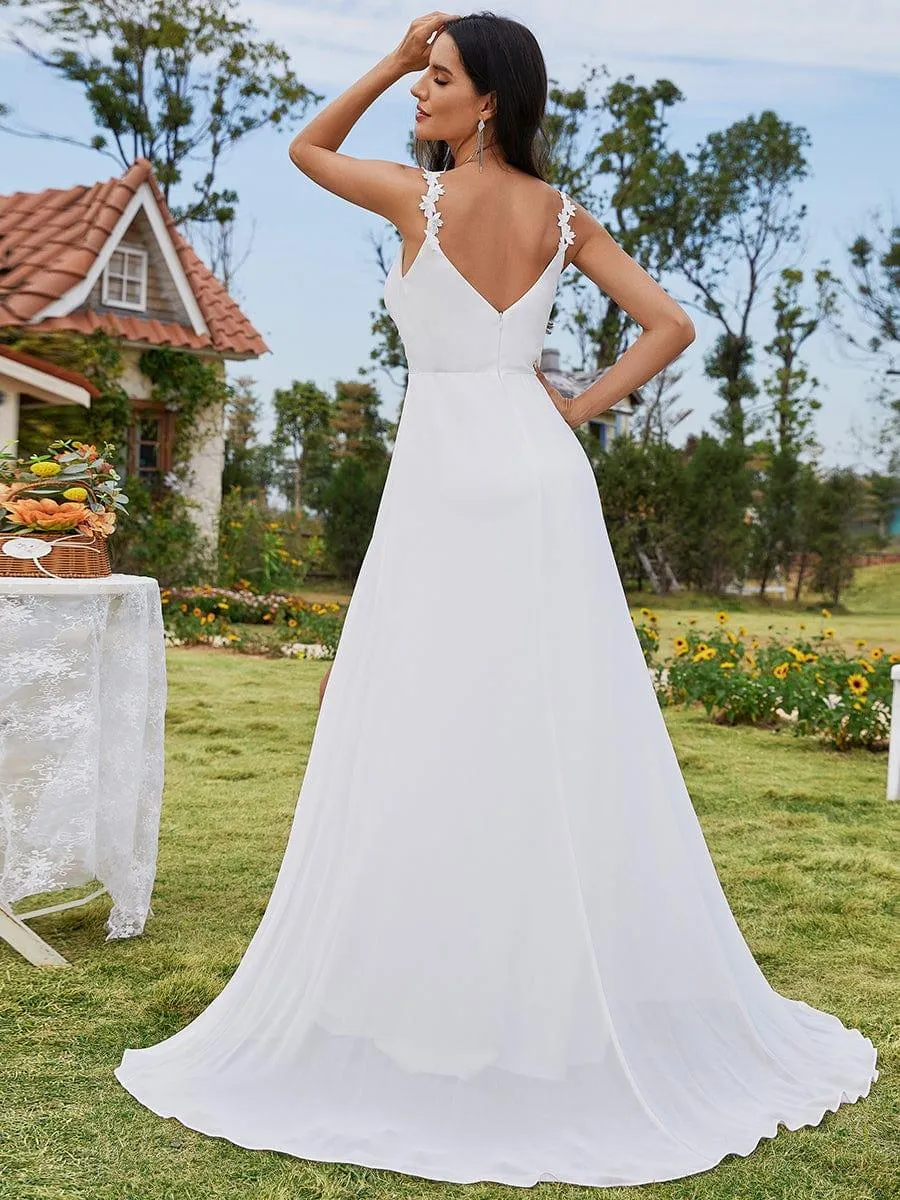 Robes de mariée en mousseline de soie  imprimé floral, bretelles  col en V  fente haute  bretelles spaghetti