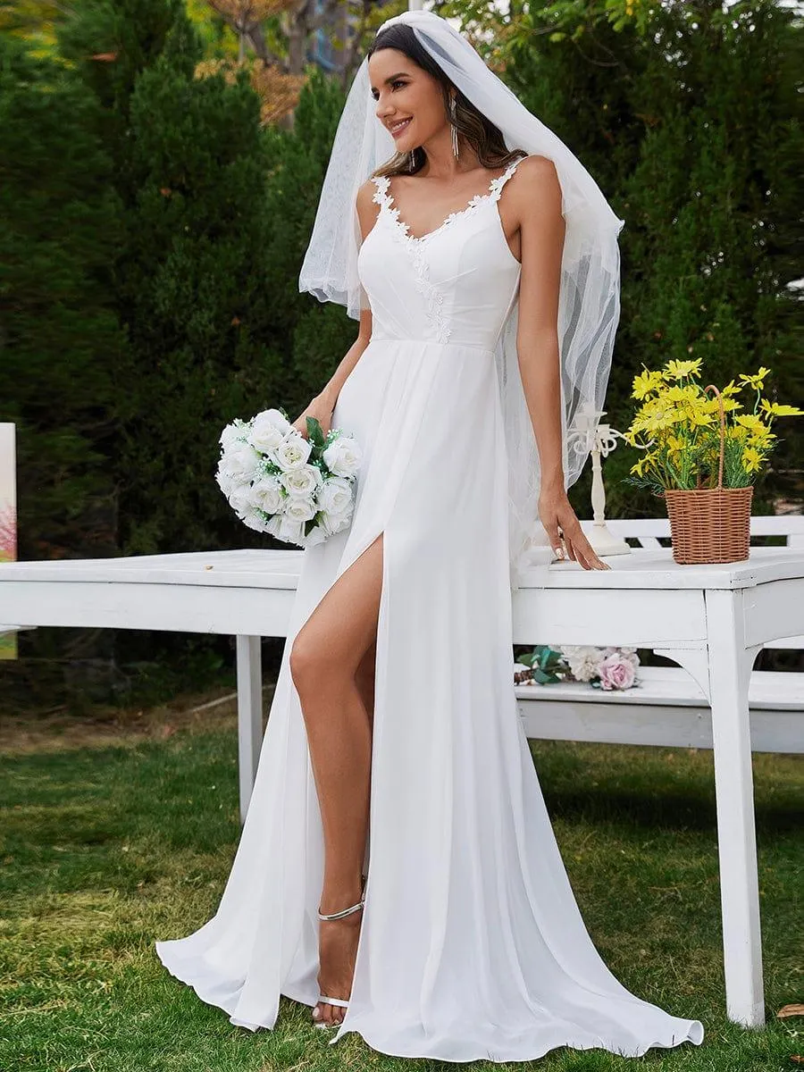 Robes de mariée en mousseline de soie  imprimé floral, bretelles  col en V  fente haute  bretelles spaghetti